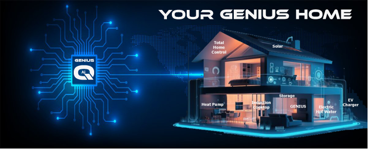 GENIUS AI smart home diagram showing integrated energy management with solar, battery storage, EV charger, heat pump, induction cooktop, and total home control, all powered by a central GENIUS Q AI chip.