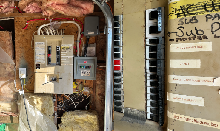 Old obsolete breaker panel. Old, obsolete residential breaker panel with exposed insulation, messy wiring, and labeled sub‑panel circuits needing upgrade by GENIUS panels.