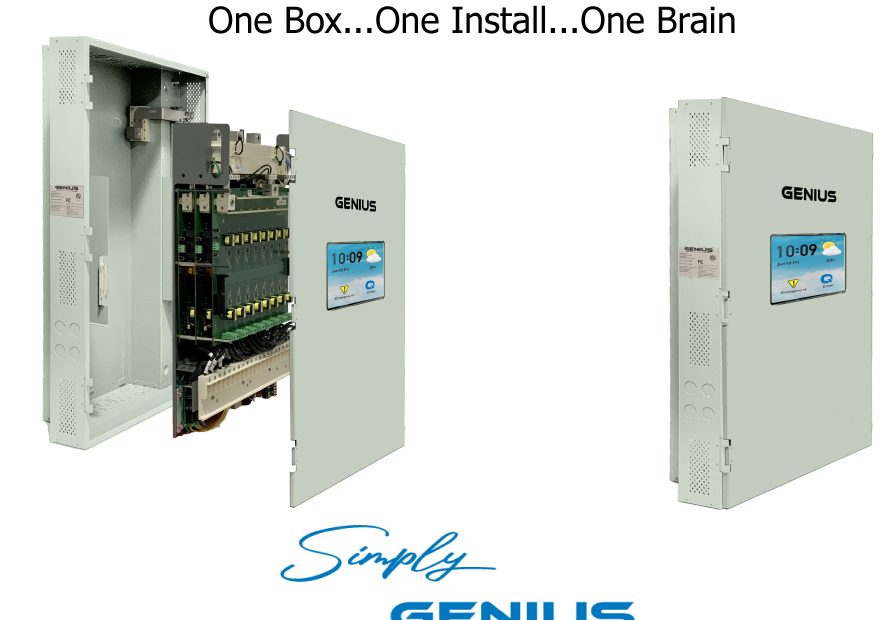 GENIUS smart energy panel displayed in two views: open to reveal internal circuit boards and wiring, and closed with a digital screen showing time and weather.