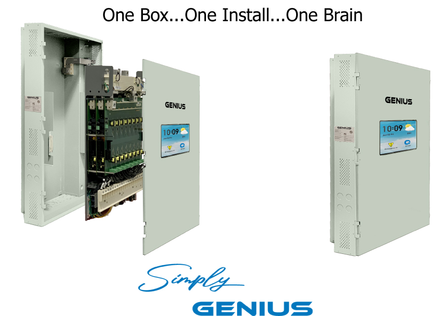 GENIUS smart energy panel displayed in two views: open to reveal internal circuit boards and wiring, and closed with a digital screen showing time and weather.